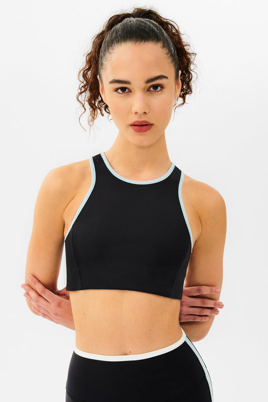 Black Halter Sports Bra with Light Blue Lining 