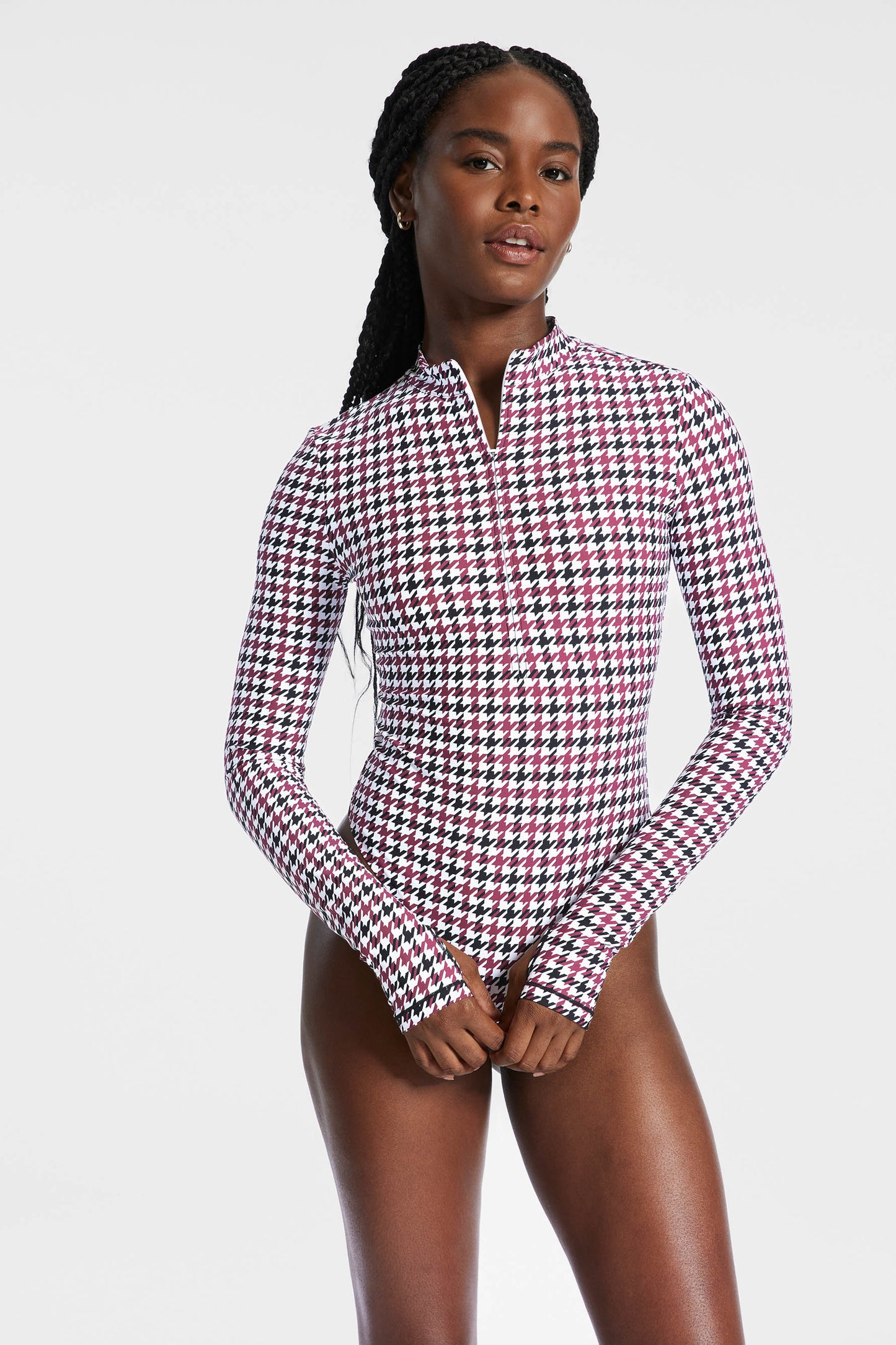 Brio 1/4 Zip Long Sleeve Bodysuit - Cordovan Houndstooth