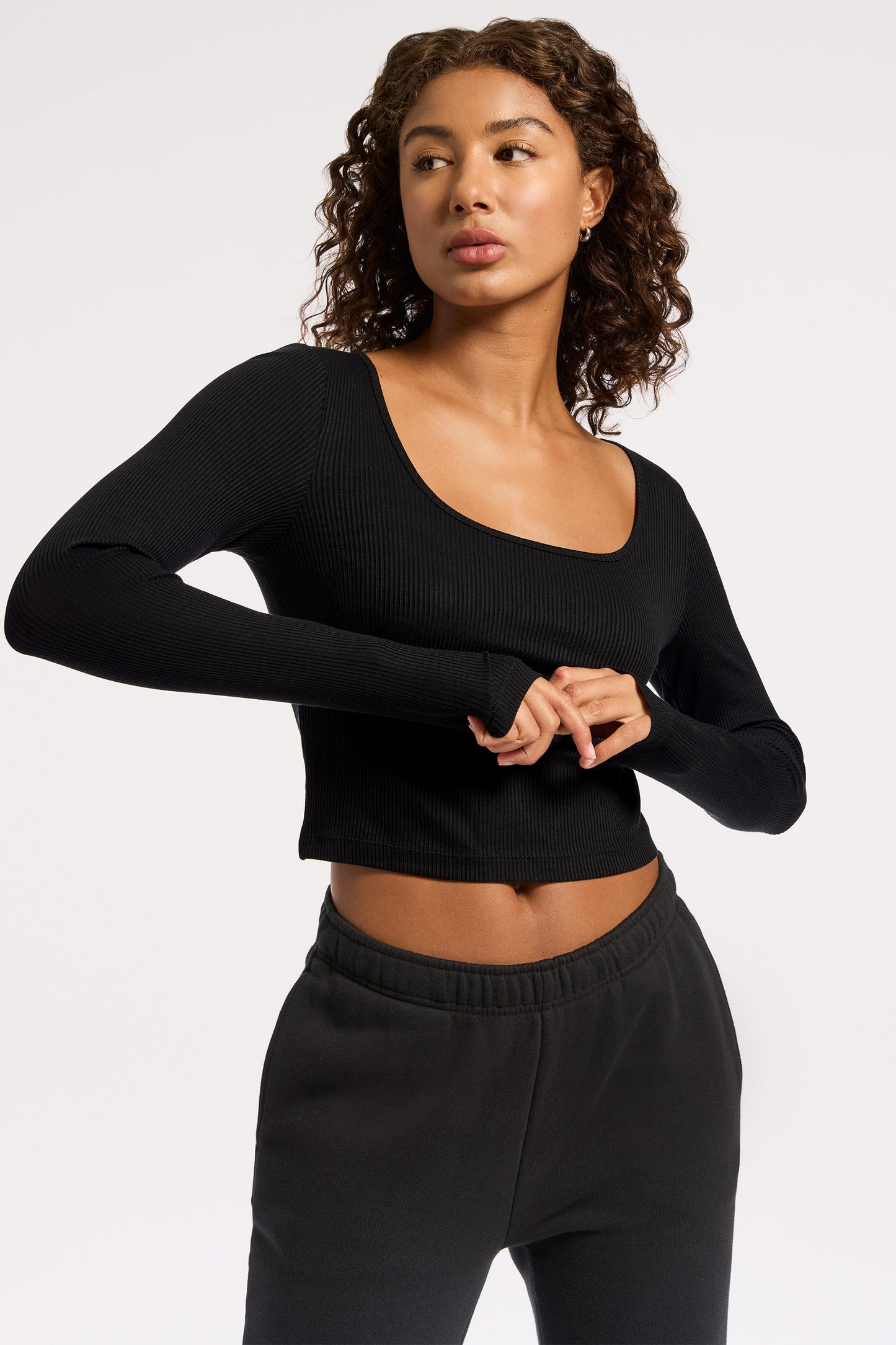 Rivington Ribbed Long Sleeve Scoop Neck Crop Top - Black