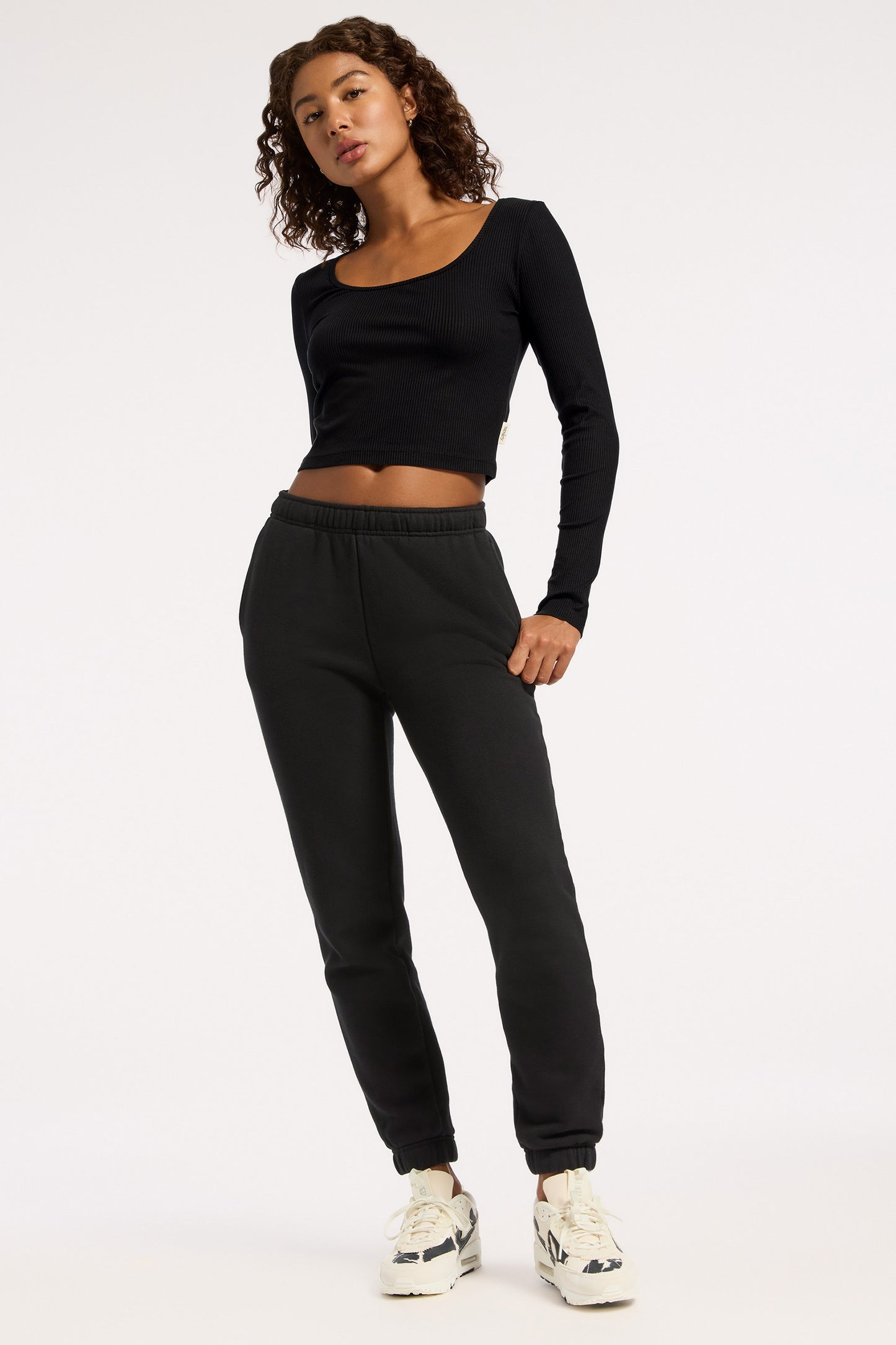 Rivington Ribbed Long Sleeve Scoop Neck Crop Top - Black