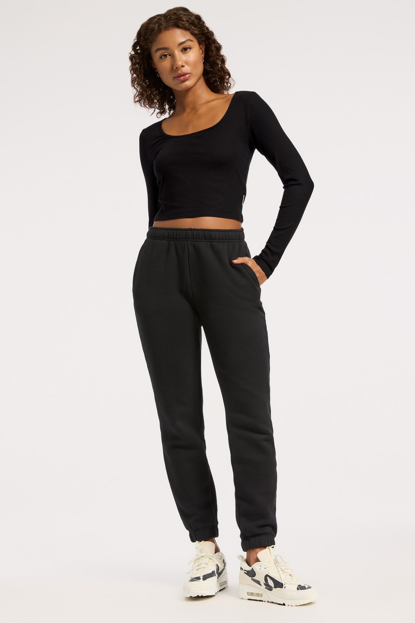 Rivington Ribbed Long Sleeve Scoop Neck Crop Top - Black