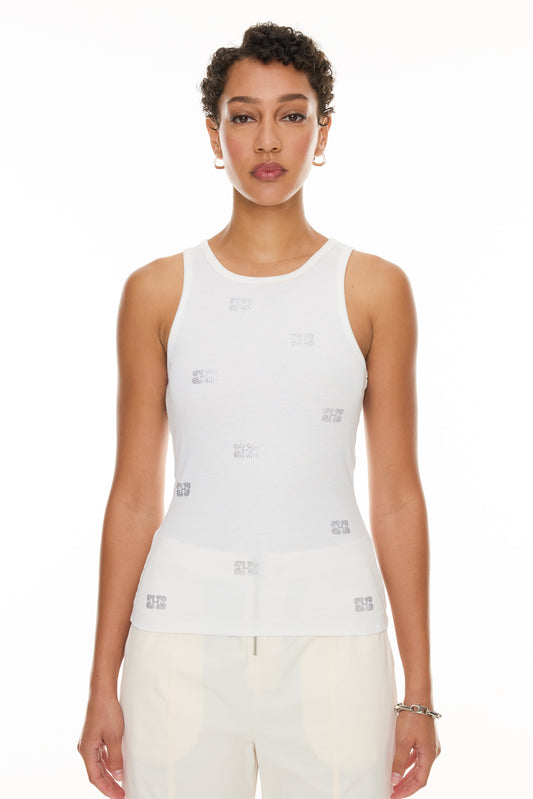 Soft Cotton Rib Rhinestone Butterfly Tank Top - Bright White