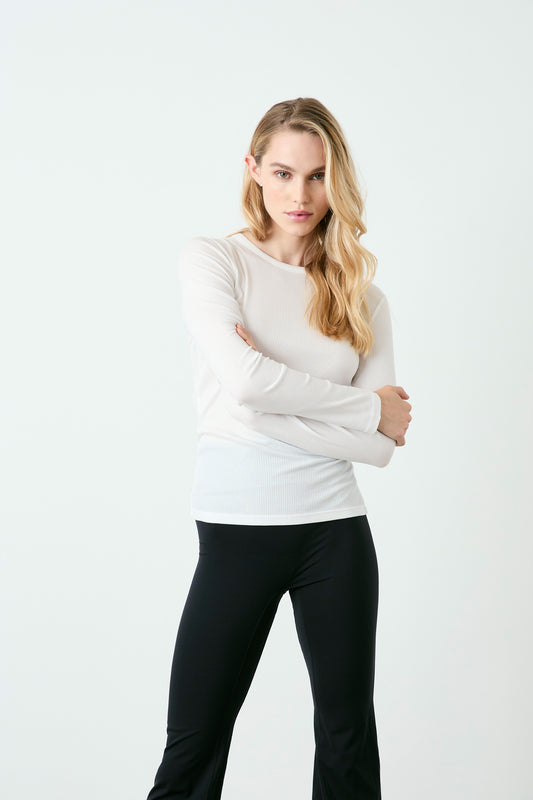 White Ribbed Long Sleeve Top